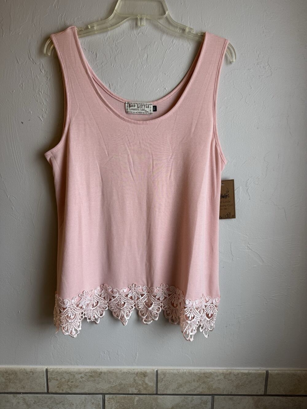 NWT NEW Bad Little Country Girl Womens Pink Stretchy Tank Top With Lace Size XL